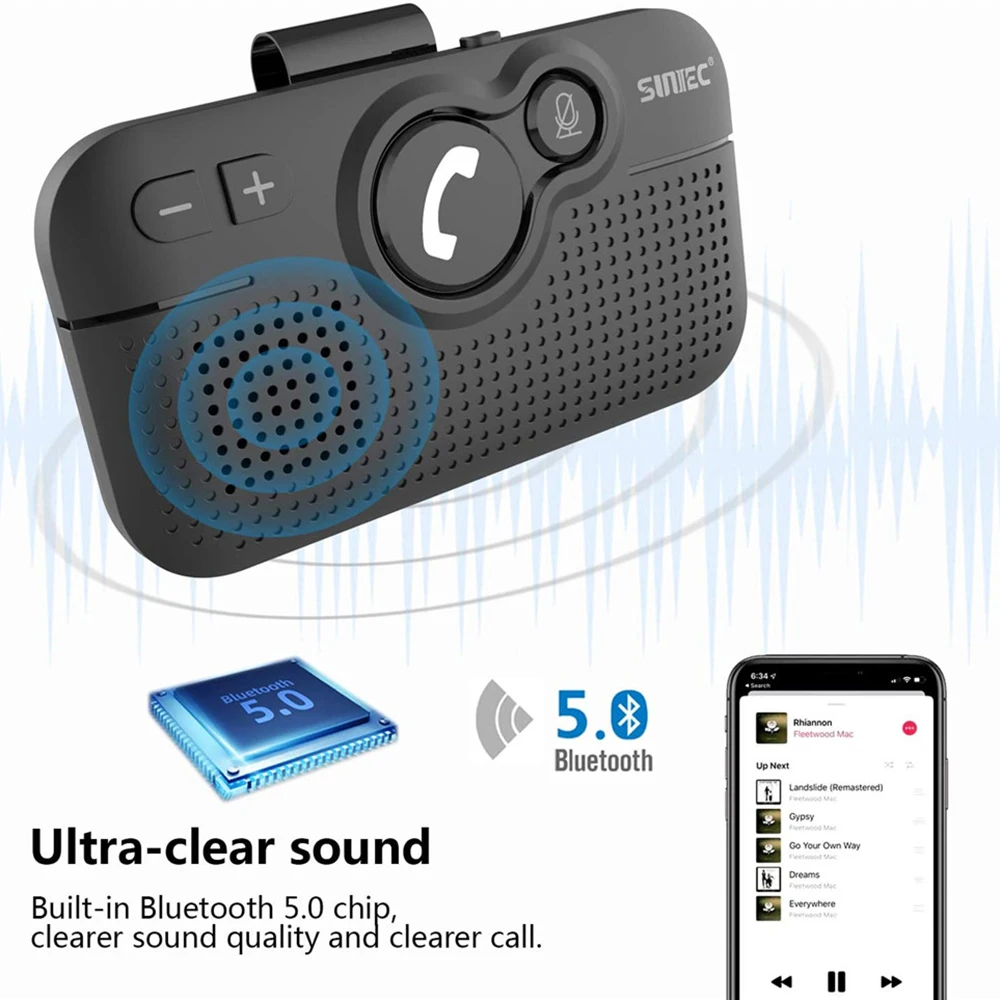 Беспроводная Автомобильная Bluetooth-колонка с козырьком для режима «свободные руки»-BC980 Поддержка Siri Google Assistant голосовое руководство с датчиком движения - изображение