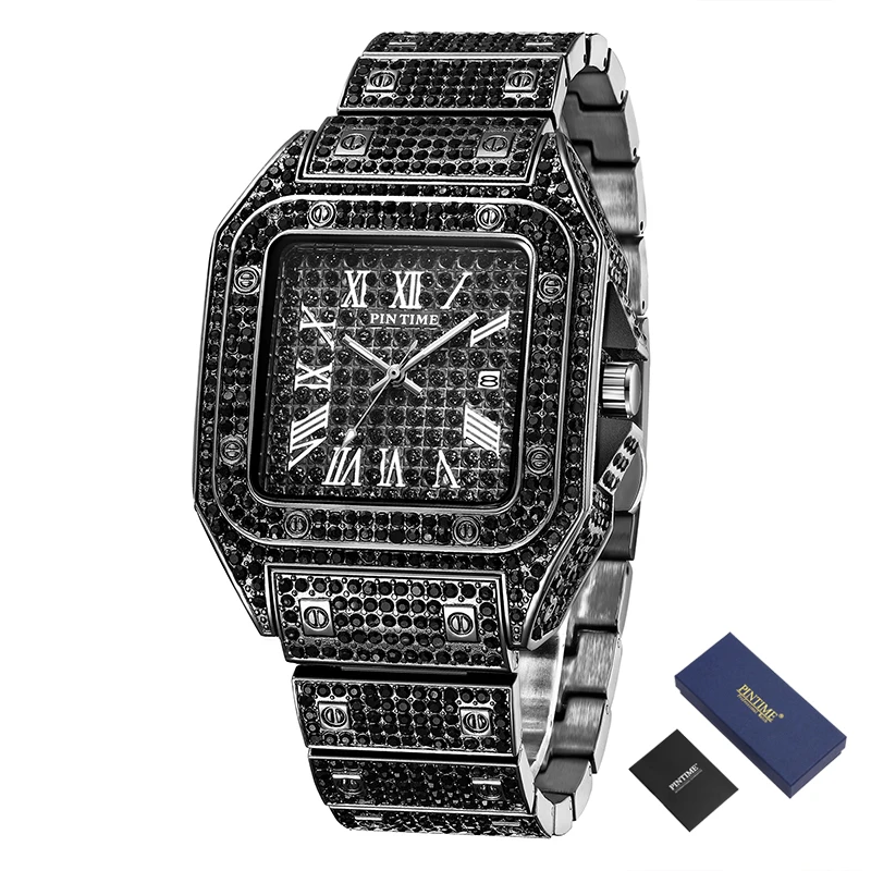 Шикарные квадратные Iced Out часы мужские креативные хип-хоп мужские s часы лучший бренд роскошные золотые часы с датой Relogio Masculino horloges mannen - Цвет: Black With Box