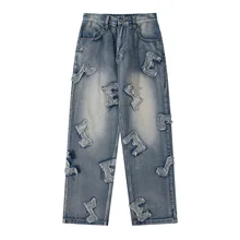 Pantalones vaqueros con bordado de letras para hombre, Jeans rectos de cintura elástica, estilo Hip Hop, Retro, lavados, de gran tamaño, 2021