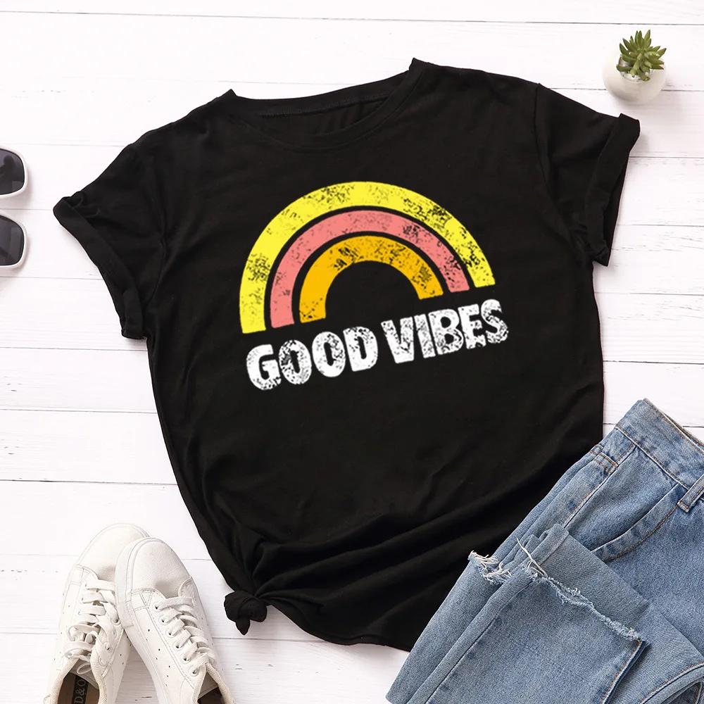 Женская футболка с принтом Good Vibes летняя свободная из 100% хлопка радужной графикой