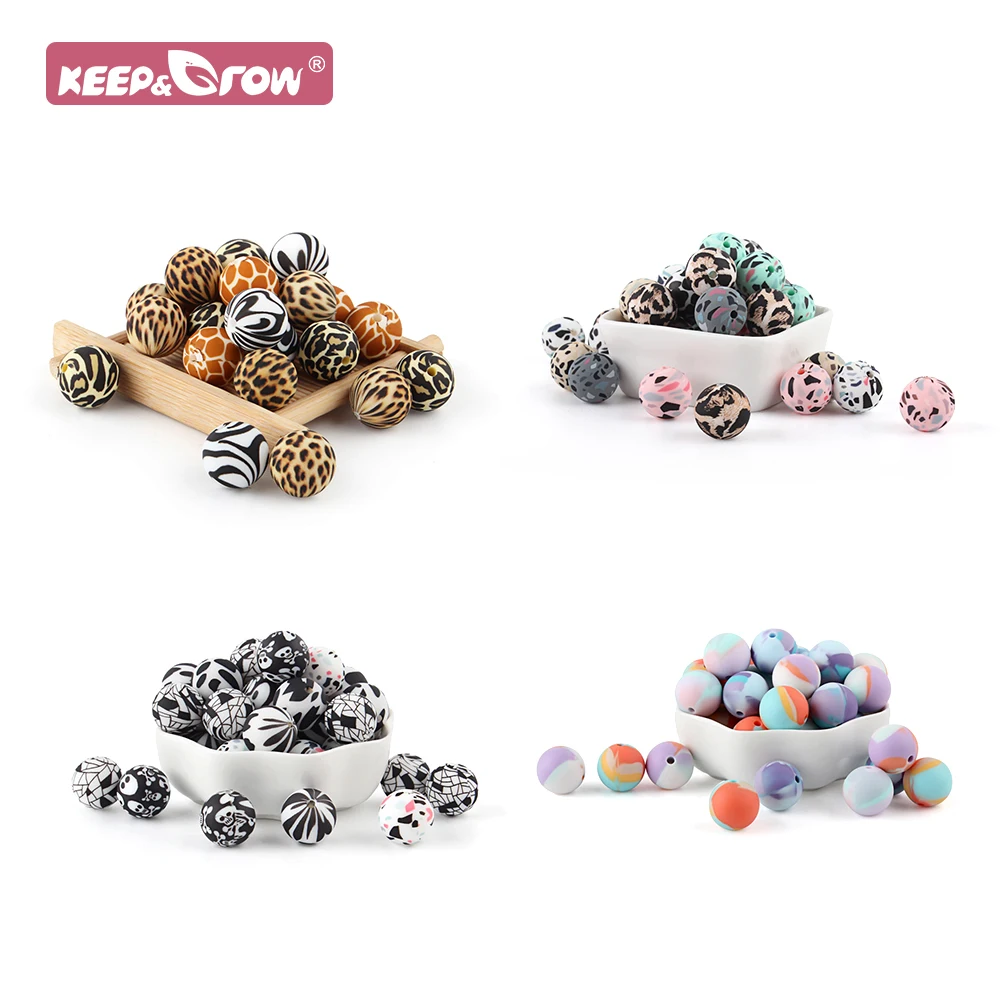 

Print Silicone Beads 15mm 200pcs DIY Baby Teething Pacifier Chain Rodent Oral Care Tie Dye Leopard Food Grade Round Ball Bead