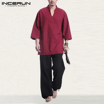 

Chinese Style Men Sets Vintage 2020 V Neck Long Sleeve Tops Casual Cotton Pants Ethnic Leisure Men Suits 2 Pieces S-5XL INCERUN