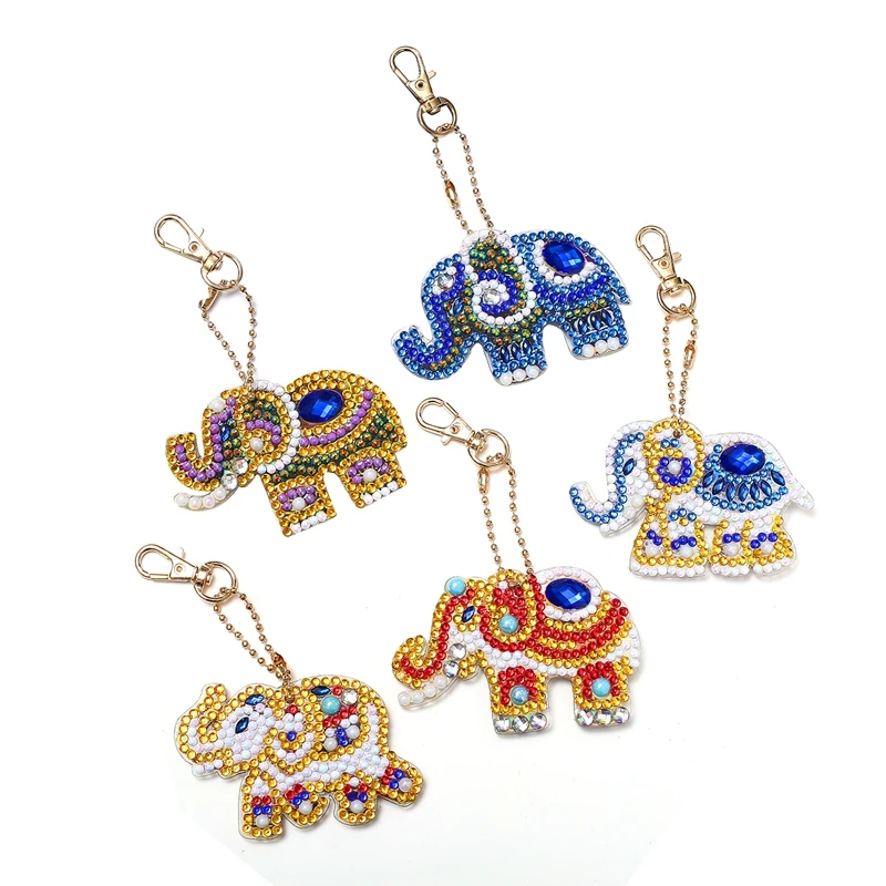 

5Pcs Acrylic Board Diy Diamond Painting Elephant Keychain Tools Round Shinny Special Diamond Woman Girl Bag Accessories