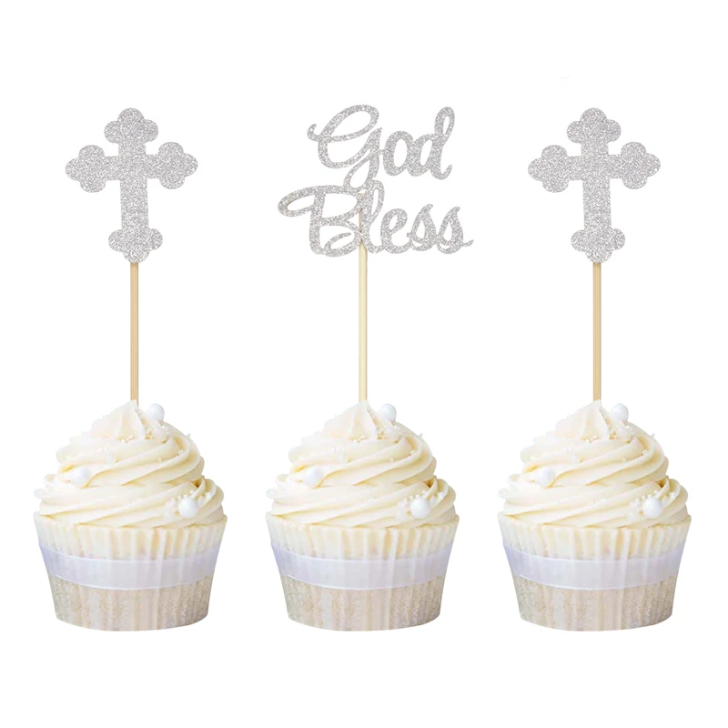 silver god bless 12 шт. милые золотые блестки Лебеди бумага кекс декодекорации дня рождения для маленьких мальчиков и девочек пол раскрывает верхушка для торта - Цвет: silver god bless