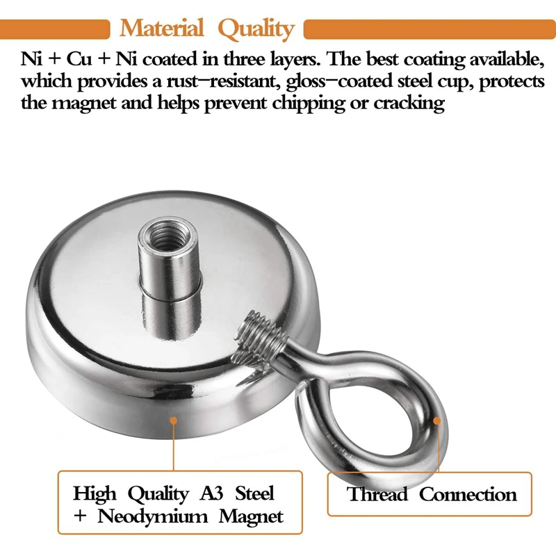 Round Neodymium Eyebolt Magnet, Pulling Force 120kg,Fishing Magnet,Super Power N52,Diameter X 60mm Thick X 15mm For Salvage,Fish