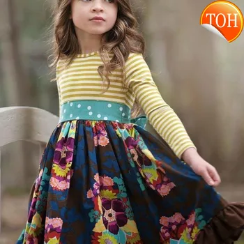 

2020 INS Girls Spring and Autum Dress Kids Flower Pastoral Style Striped Long-sleeved Dresses England Cute Princess for Children