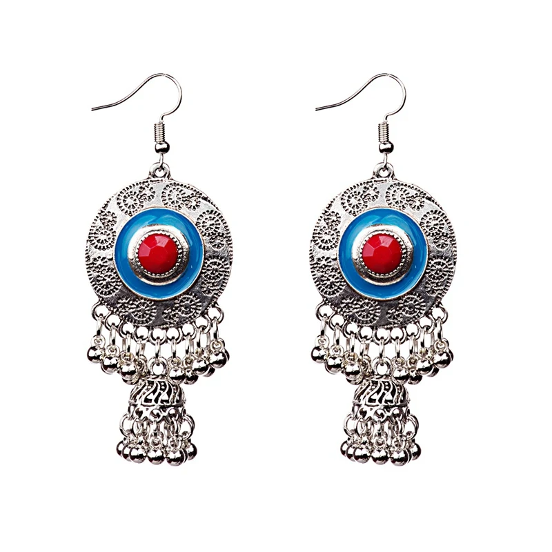HXE083-4 TopHanqi индийский Jhumka Jhumki Женский Золотой Серебряный Длинный хрустальный бисер сглаза висячие серьги Бохо Цыганский родовой ювелирные изделия - Окраска металла: HXE083-4