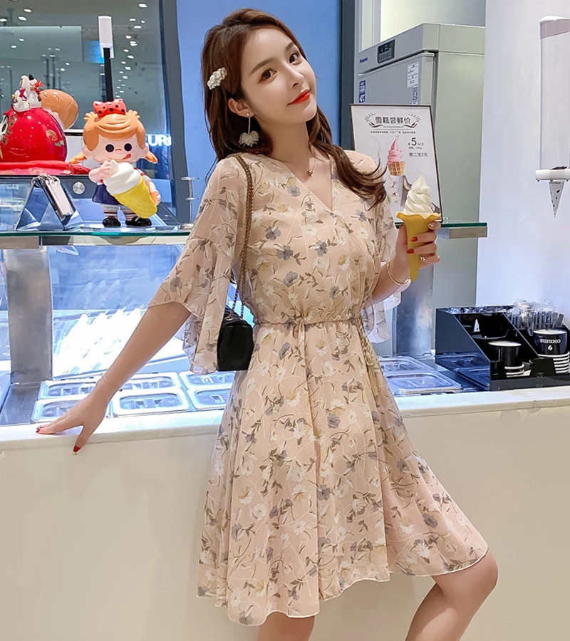 women floral printed chiffon V-neckmidi dress half sleeve pleated elegant slim 2020 summer causual high waist vestidos de vera | Женская