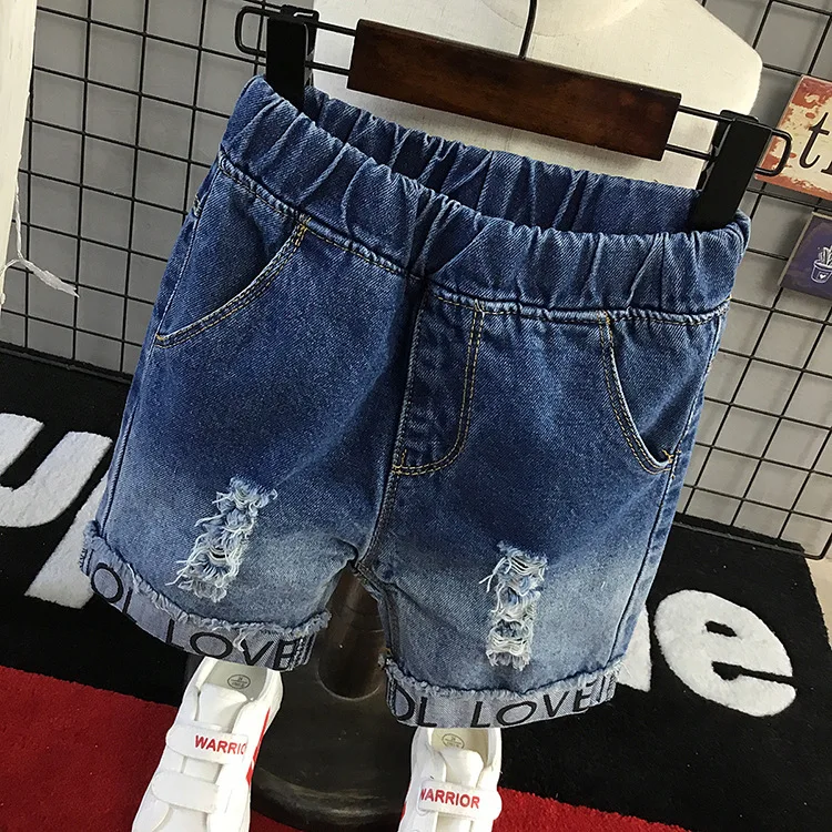 

2019 Summer Wear New Style Crawler BOY'S Versatile with Holes Denim Shorts Children Korean-style Lettered Revers Shorts Fashion