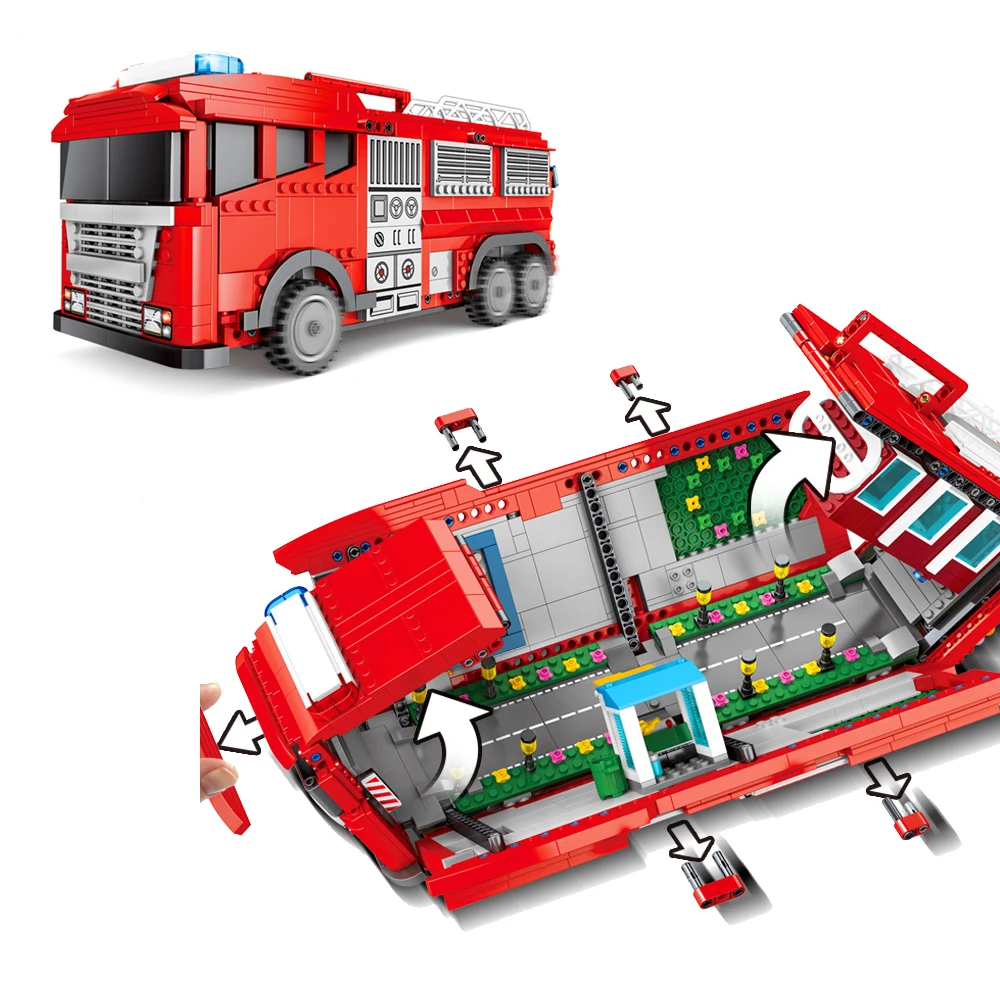 

603063 2 In1 Deformation Fire Station Truck Building Blocks Bus Model Compatible City Street View Bricks Kids Toys For Children