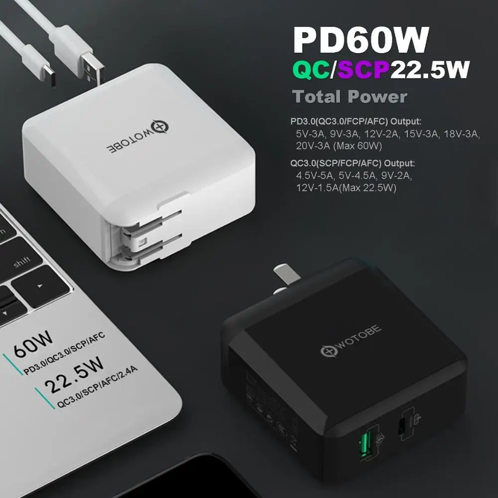WOTOBE 2 порта USB-C зарядное устройство, 1 порт PD60W и 1 QC3.0/SCP/AFC 22,5 Вт USB C кабель для huawei p20/30 MacBook iPad iPhone s10