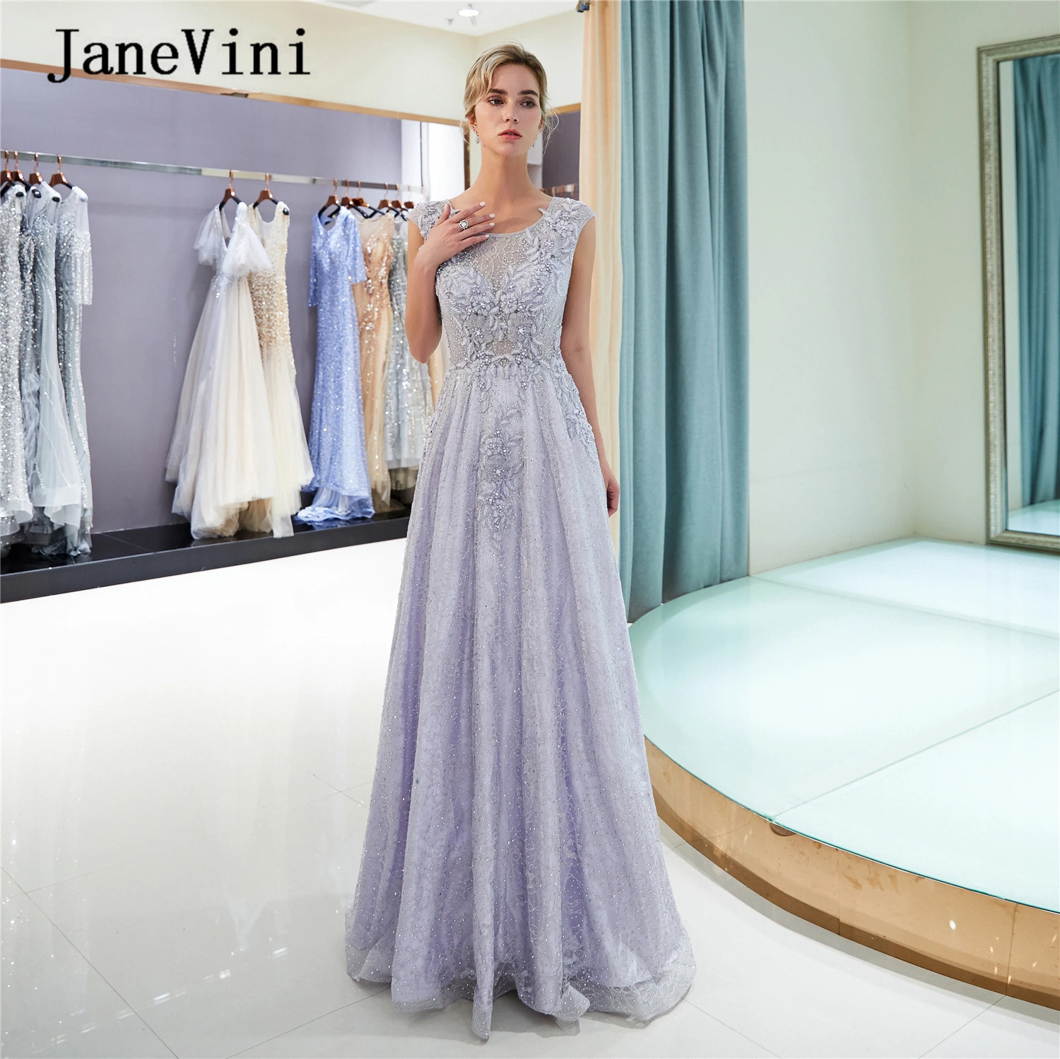 

JaneVini Vintage Lace Scoop Neck Long Prom Dresses 2019 Luxury Bling Beaded Cap Sleeves Illusion Back A Line Gala Formal Dress