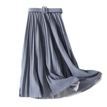 Элегантная женская плиссированная юбка с завышенной талией и поясом, новинка, модная винтажная Весенняя Осенняя однотонная трапециевидная Женская юбка