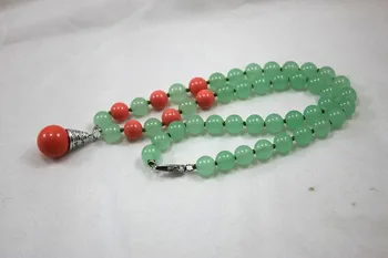 

newly design wholesale/retail 8mm light green Jade mixed red coral necklace +14 mm 18kgp red coral pearl pendant