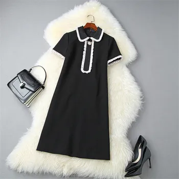 

2020 Summer Women Fashion Dress Runway Designers Short Sleeve Peter Pan Collar Ruffle Patchwork Solid Black Short Dress Lady