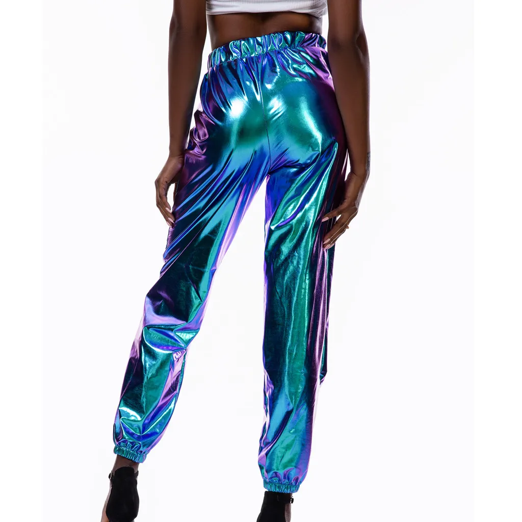 Длинные штаны для ночного клуба Женские однотонные повседневные спортивные уличные хип-хоп вечерние блестящие волшебный для брюк женские брюки с высокой талией уличная одежда N2