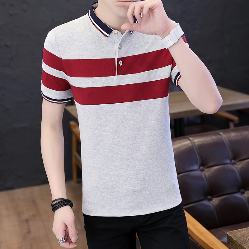 grey POLO MEN Цветная рубашка поло Constast, мужская летняя брендовая Повседневная полосатая рубашка поло, мужская приталенная хлопковая рубашка поло с коротким рукавом, рубашка поло - Цвет: grey POLO MEN
