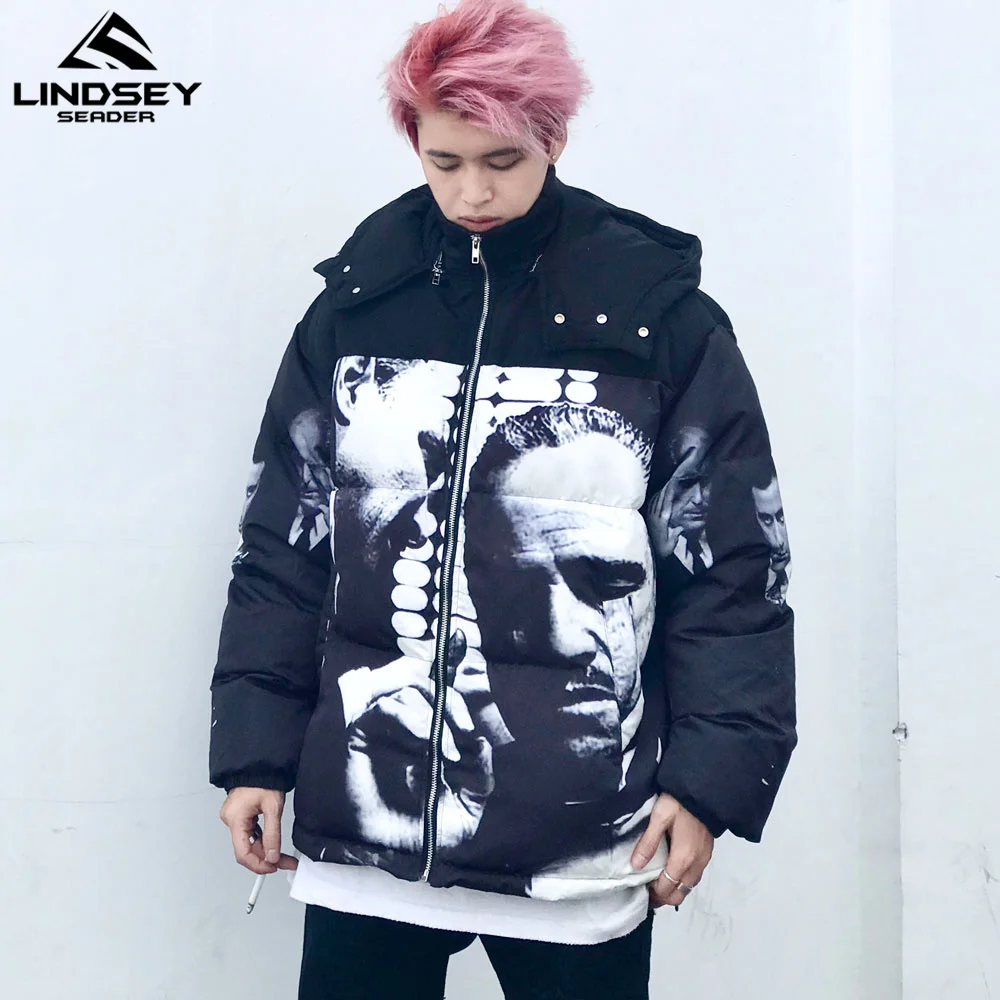 

LINDSEY SEADER 2020 Men's Winter Warm Jacket Coat Godfather Printed Heated Padded Jacket Oversize Hooded Parka Men's Clothing