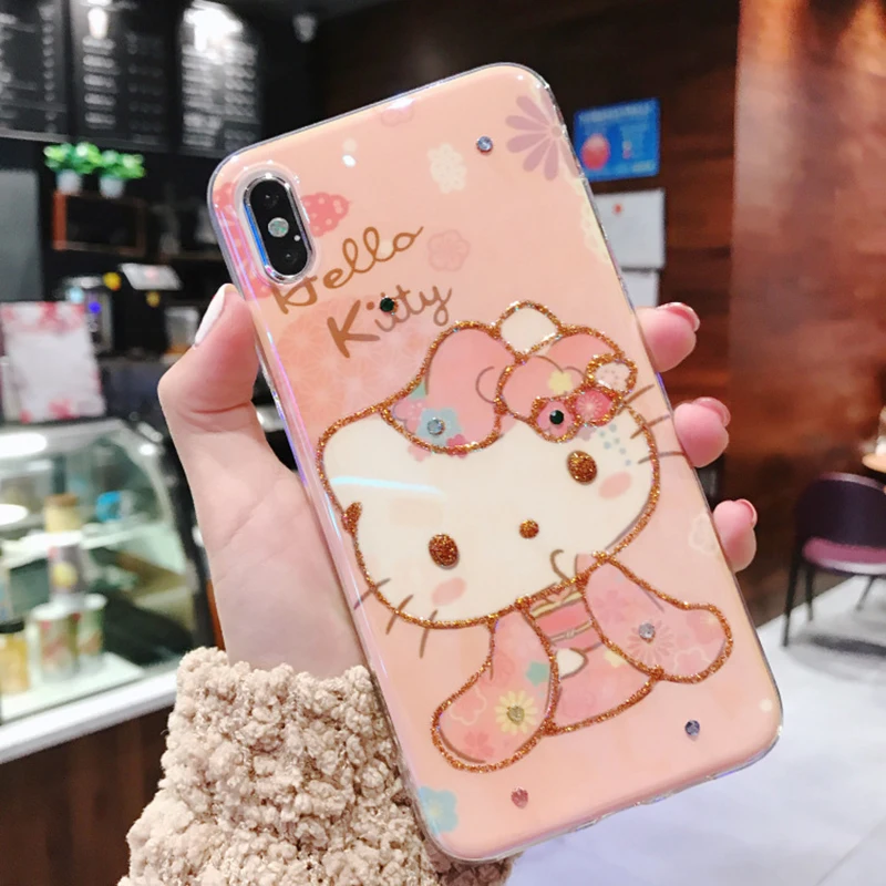 Для iPhone X Алмазный милый hello kitty Blu Ray чехол для телефона для iPhone 6 6S Plus Мягкий ТПУ KT Cat задняя крышка для iPhone 7 8 Plus - Цвет: 1