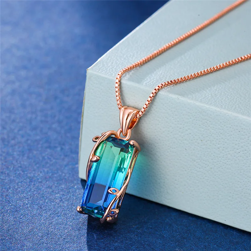 RongXing многоцветный кристалл прямоугольник кулон свадебное ожерелье s для женщин лист цвета розовое золото очарование ключицы ожерелье Радуга ювелирные изделия