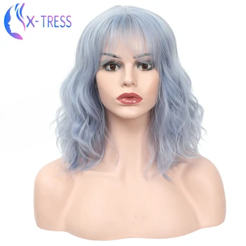 

Synthetic Blue Bob Wigs For Women Shoulder Length Natural Wave X-TRESS Colored Wig With Bangs Heat Resistant Fiber Cosplay Wig