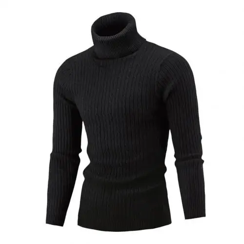 Turtleneck Men Sweater Casual Men Autumn Solid Color Turtle Neck Ribbed Twist Sweater Bottoming Shirt For Men's Clothings - Цвет: Черный