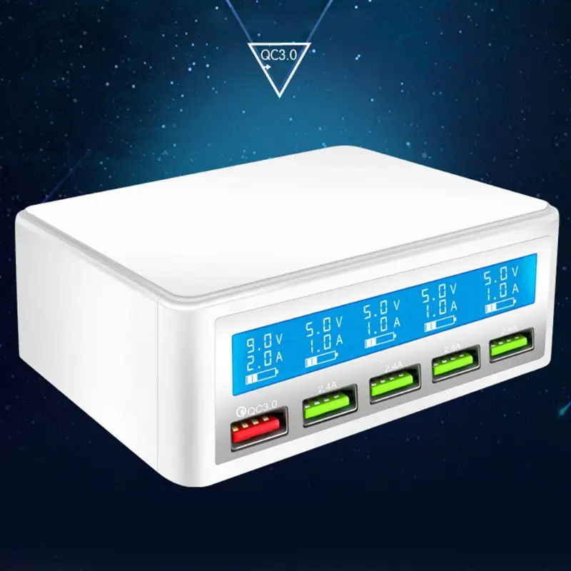 5-портовый USB QC 3,0 быстрое зарядное устройство 5V 10A AC 100-240V ЖК-дисплей напряжения тока для iPhone iPad samsung
