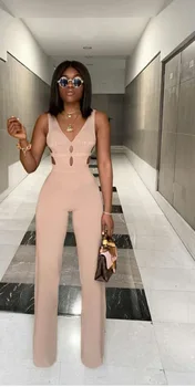 

Casual Jumpsuit 2019 Summer Deep V-neck Sleeveless Bodycon Stretch Bandage Jumpsuit High Quality Khaki Plait Women Jumpsuits