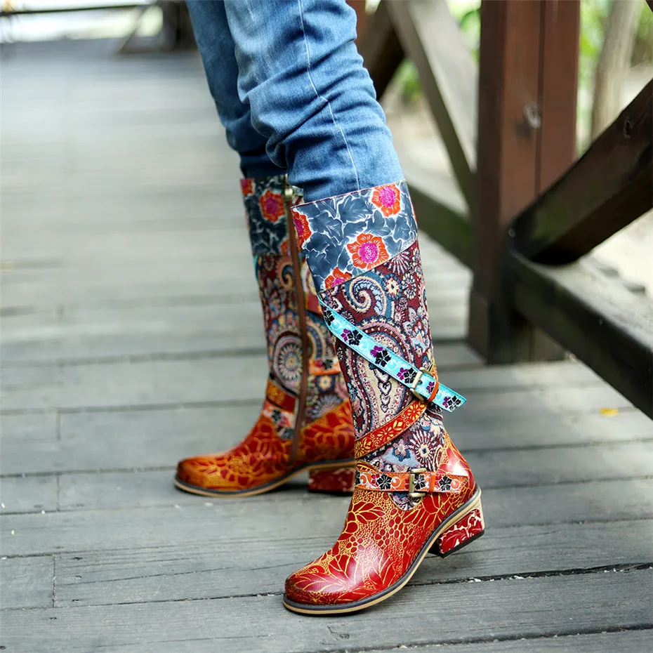 Vintage Women Knee High Boots Genuine Leather Riding Boots Autumn Winter Round Toe High Square Heels Western Cowgirl Boots Shoes (18)