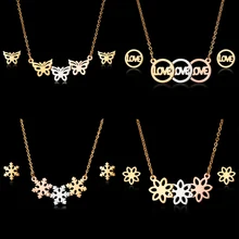 Rinhoo Stainless Steel Hollow Out Butterfly Love Heart Snowflake Pendants Necklace Earrings Jewelry Set Mother Girlfriend Gifts