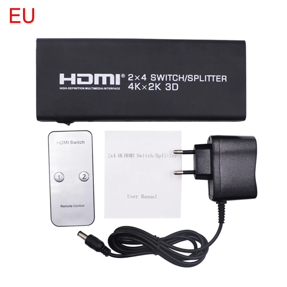 EU Plug 4K HDMI 2 в 4 выхода 2,0 HDMI переключатель сплиттер 2х4 аудио экстрактор конвертер адаптер дистанционное управление 3D 1080p для компьютера - Длина: EU Plug