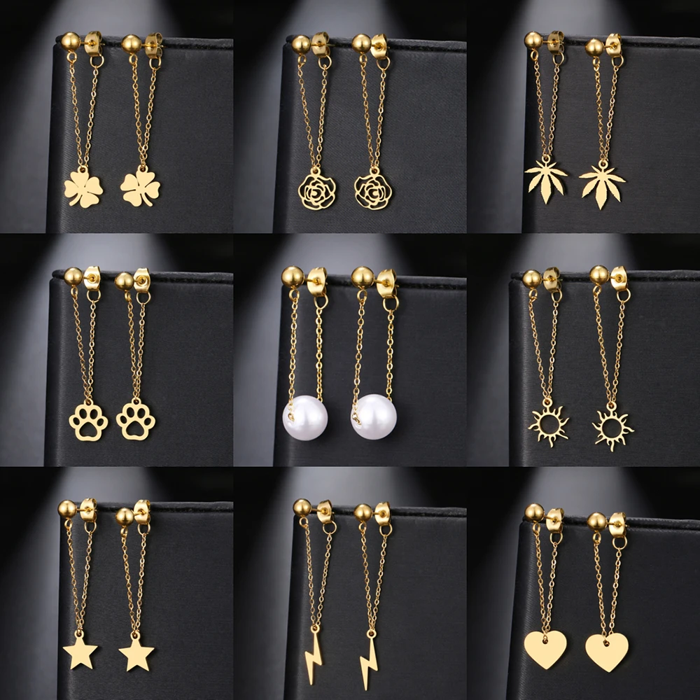Dangle Earrings Drop Earrings Crystal Tassel Earrings Stainless Steel Chain Pearl Star Round Maple Leaf Heart Tassel Drop Earrings For Women Jewelry Gifts