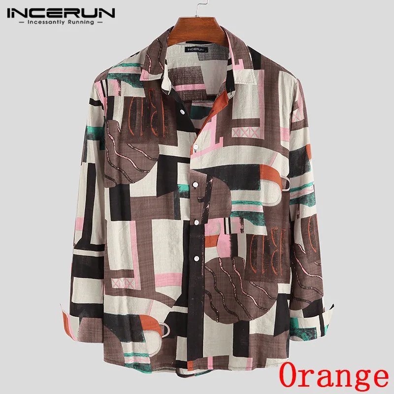 Orange Shirt INCERUN Мужская Повседневная рубашка винтажная уличная с отворотом с неправильным рисунком, с длинным рукавом, для отдыха, уличная Гавайская Мужская рубашка s - Цвет: Orange Shirt
