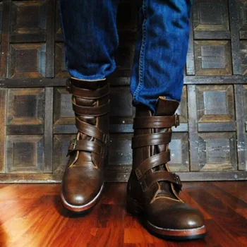 

New Fashion Mens Motorcycle Boots Handmade Pu Leather High Quality Winter Boots Male Vintage British Stylish Boot Men Shoe HB068