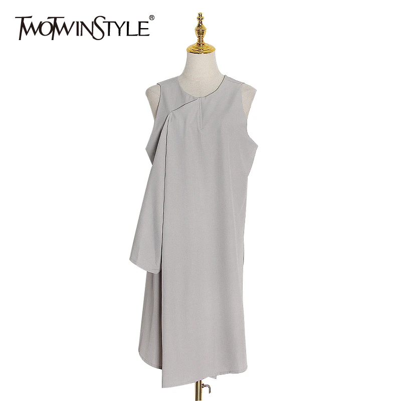 TWOTWINSTYLE Black Asymmetrical Dress For Women O Neck Sleeveless Loose A Line Dresses Female 2020 Spring Fashion New Clothing TWOTWINSTYLE Black Asymmetrical Dress For Women O Neck Sleeveless Loose A Line Dresses Female 2020 Spring Fashion New Clothing