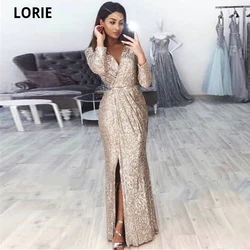 LORIE Elegant Evening Dresses Long Sleeve 2021 Formal Champagne Princess Prom Party Gowns V-Neck Wedding Guest Dress Side Split