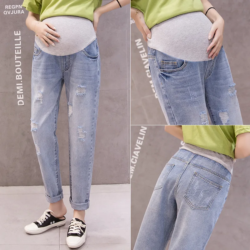 New Spring Denim Maternity Jeans Ripped Hole Washed Elastic Waist Pants for Pregnant Women Casual Loose Pregnancy Trousers