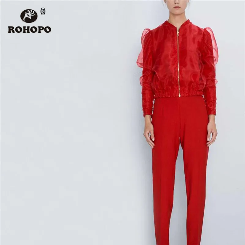 

ROHOPO Tulle Sleeve Round Collar Zipper Fly Red Bomber Jacket Double Layers Solid Chic Ladies Elastic Hem Outwear #19165