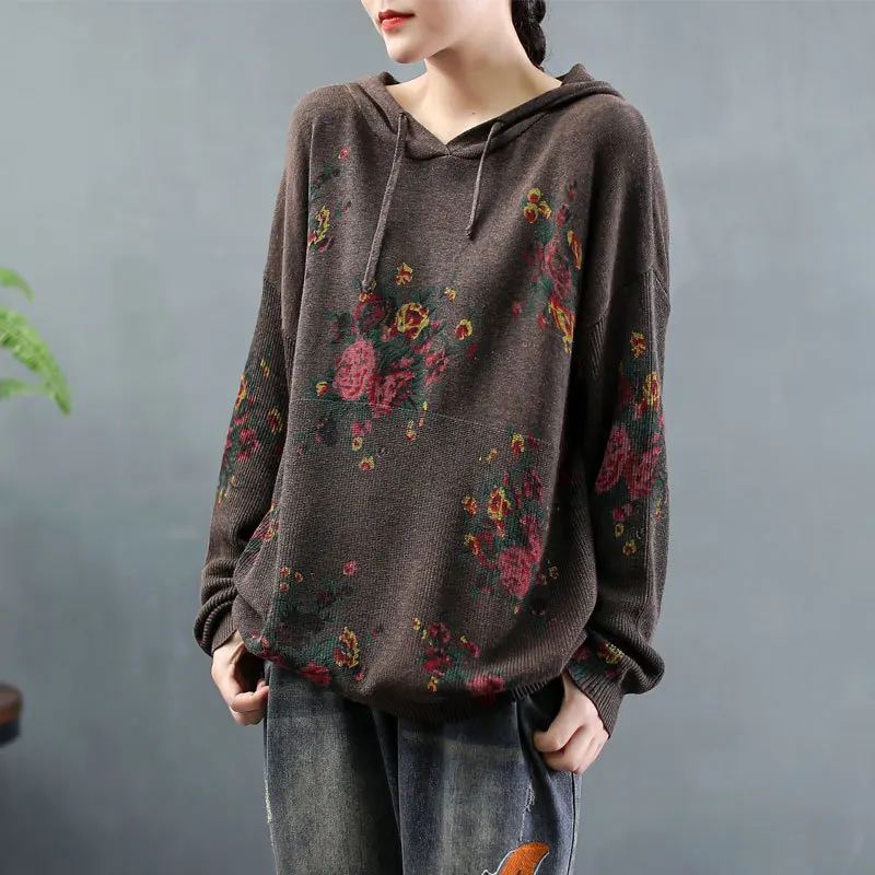 

2020 Autumn Chinese Style Ladies Loose Streetwear Womens Causal Floral Sweaters Female Printed Hooded Knitted Pullovers