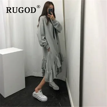 

RUGOD warm hooded sweatshirt dresses for women korean solid simple loose long dress ruffle irregular dress new autumn and winter