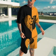 New Men's Sports Suit T-shirt + Shorts Workout Clothes 2-piece Set of Sky Letters 3D Printing Oversized Short-sleeved Sportswear