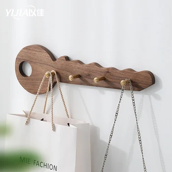 

Black walnut wooden wall perforated creative key shape design key behind the door towel hanger hook rack