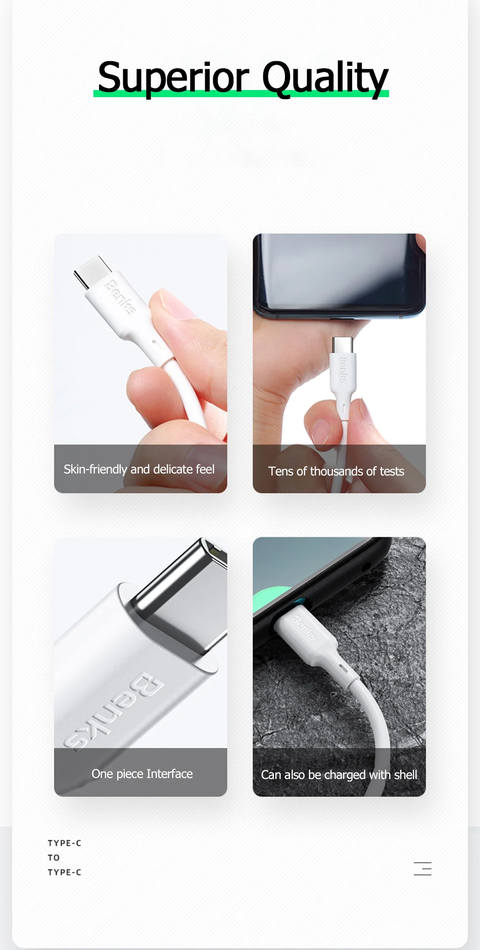 Benks, двойной USB кабель type-C для Ipad Pro, провод для Apple Macbook, huawei, ноутбук, телефон, быстрая зарядка, линия передачи данных для Xiaomi 8 9 Mix