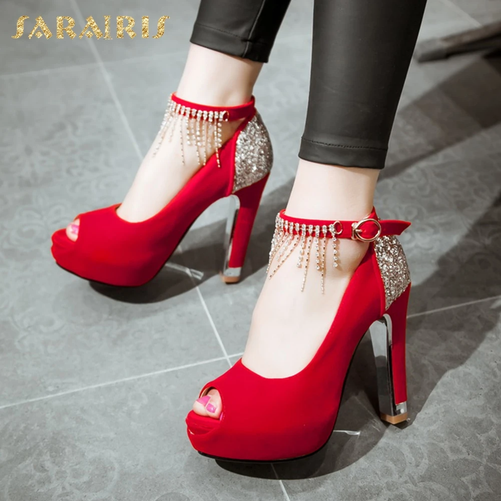 

Sarairis New Arrivals 2020 Peep Toe Platform Party Wedding Pumps Woman Shoes Buckle Strap High Heels Bling Shoes Women Pumps