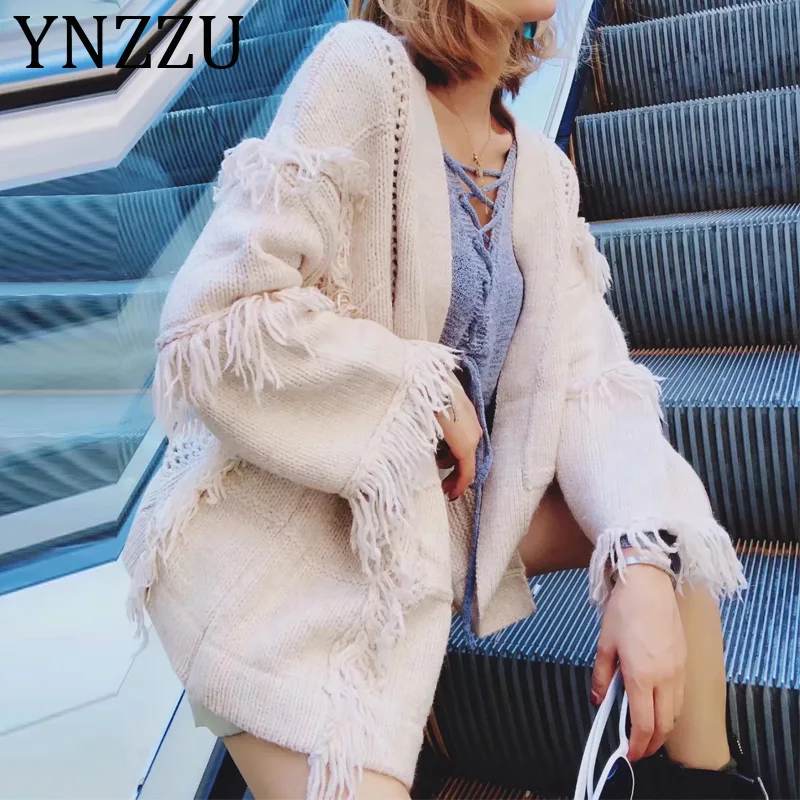 #^Special Price YNZZU 2019 Autumn Winter Tassel Women Knitted Cardigans Oversized Long Sleeve Jumper Loose Female Cardigan Sweater Coats AT339