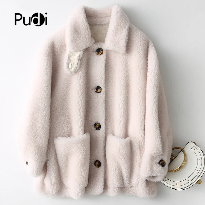 

PUDI 2020 women winter suit real wool fur coat oversize jacket girl female sheep shearing fur coats jacket overcoat A18213