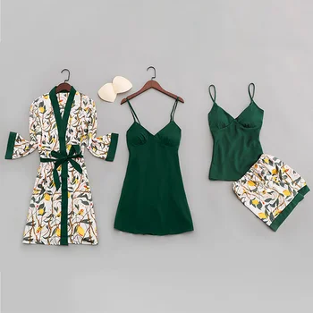 

Summer Sexy Women Pajamas with Chest Pads Fashion Print Silk Women Sleepwear Four-piece Spaghetti Strap Satin Pyjamas