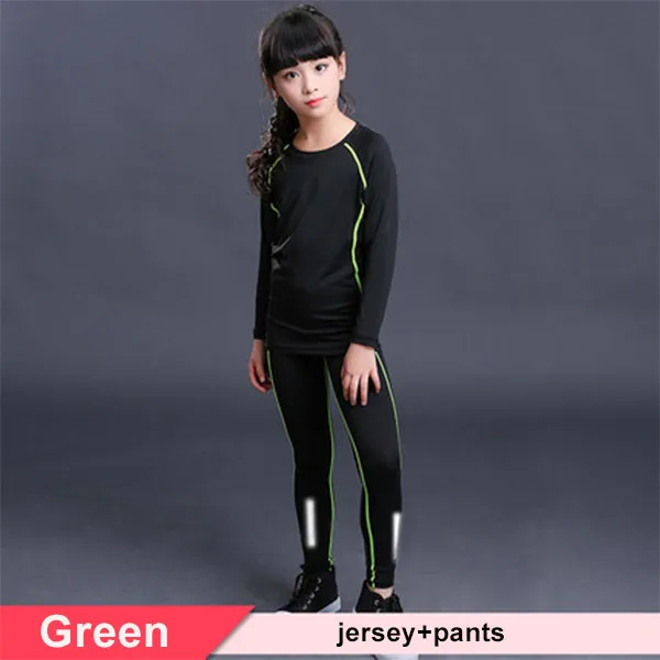 Детский спортивный комплект, компрессионная футболка+ штаны, детский Рашгард для мальчиков и девочек, для бега, баскетбола, танцев, подростков, ММА, плотная спортивная одежда - Цвет: Green Set 2P