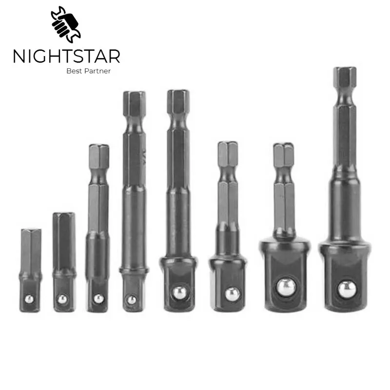  8 Sizes Chrome Vanadium Steel Socket Adapter Power Set Hex Shank to 1/4