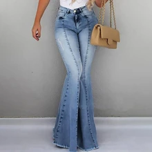 GAOKE модные джинсовые расклешенные брюки женские ретро джинсы брюки леди случайный звонок-низ расклешенные брюки женские